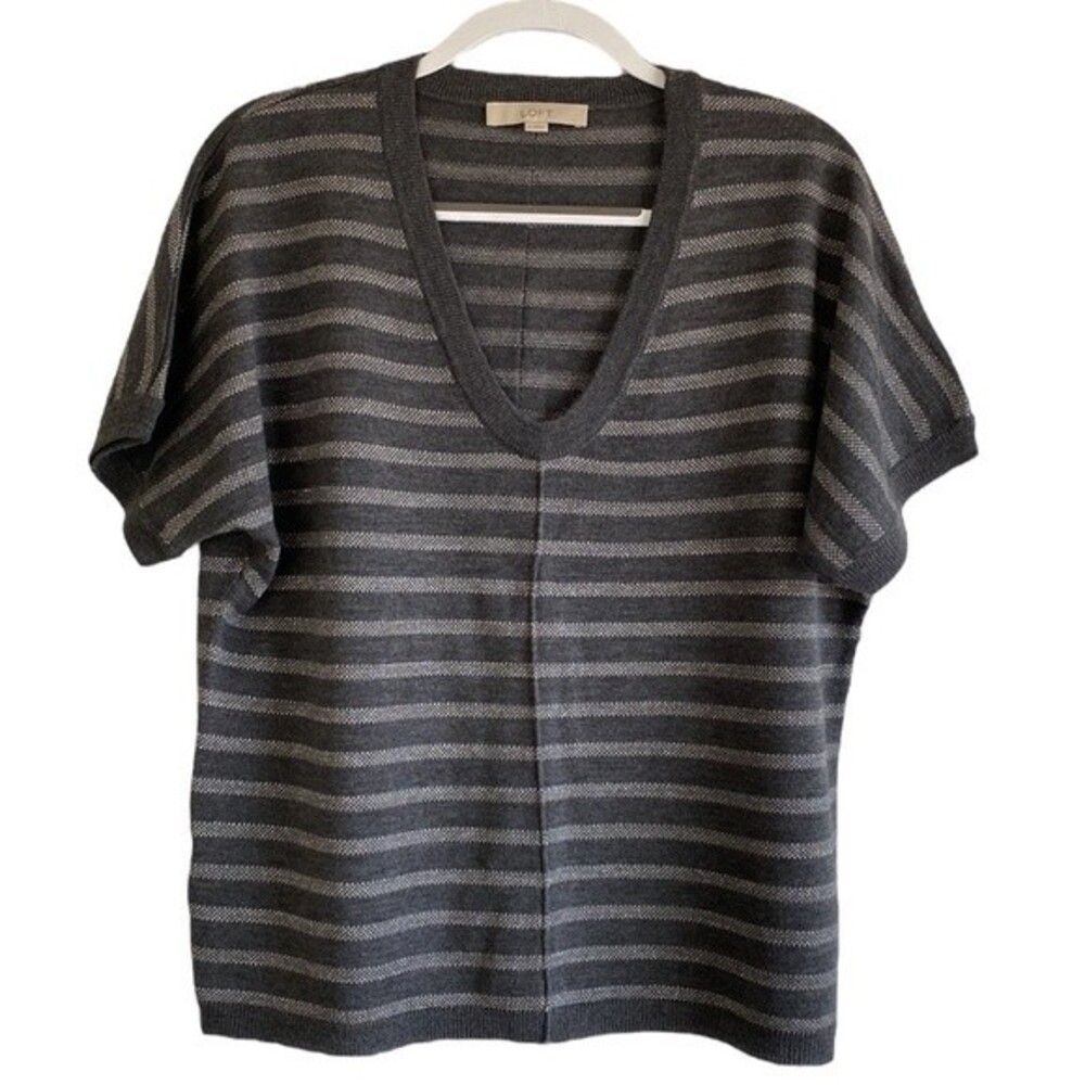 Ann Taylor Loft Gray Silver Metallic Stripe V-Neck Dolman Short Sleeve Sweater-S